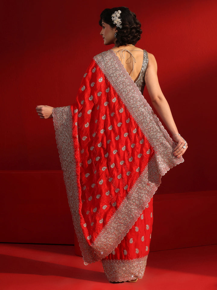 Libas Art Red Stone Work Embellished Tissue Saree