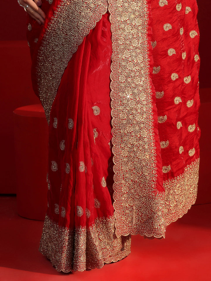 Libas Art Red Stone Work Embellished Tissue Saree