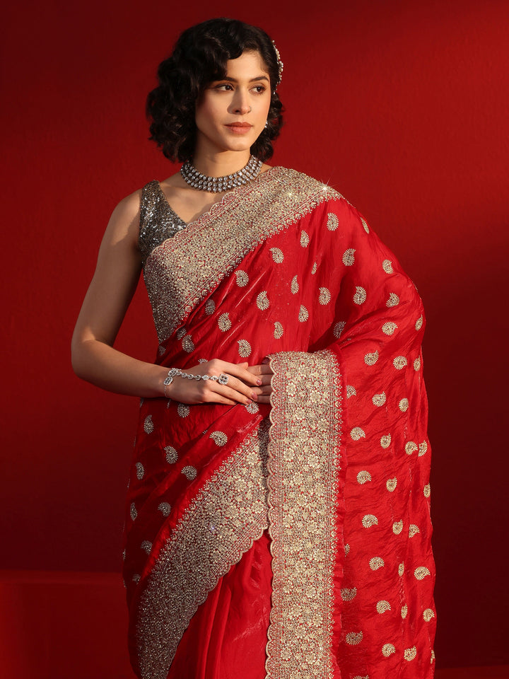 Libas Art Red Stone Work Embellished Tissue Saree