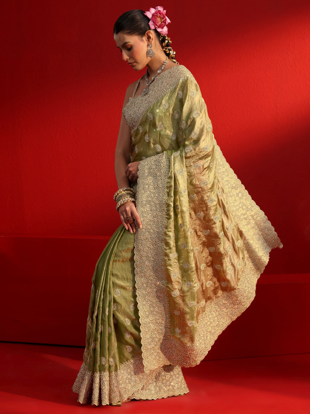Libas Art Green Stone Work Embellished Tissue Saree