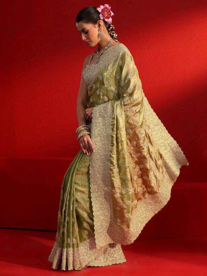 Libas Art Green Stone Work Embellished Tissue Saree