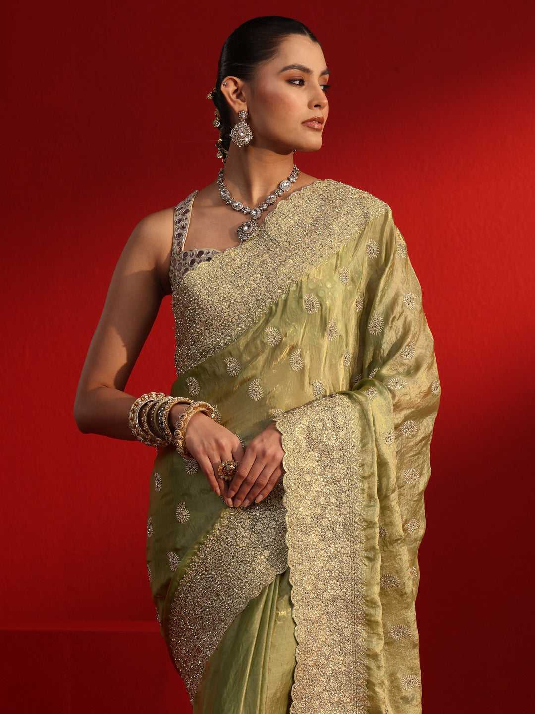 Libas Art Green Stone Work Embellished Tissue Saree