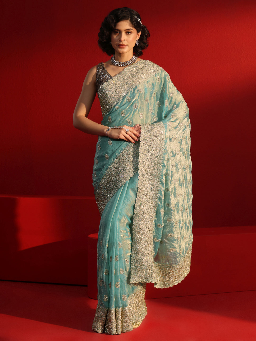 Libas Art Blue Stone Work Embellished Tissue Saree