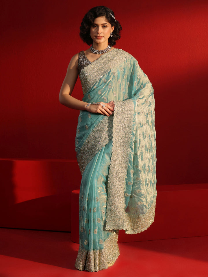 Libas Art Blue Stone Work Embellished Tissue Saree
