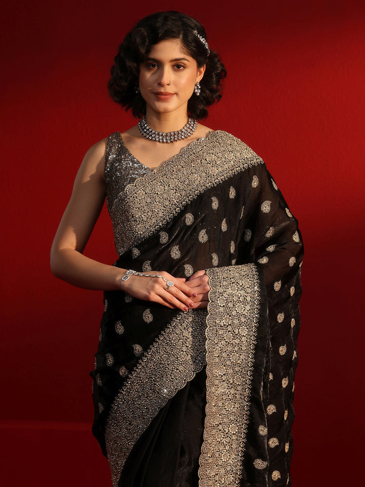 Libas Art Black Stone Work Embellished Tissue Saree