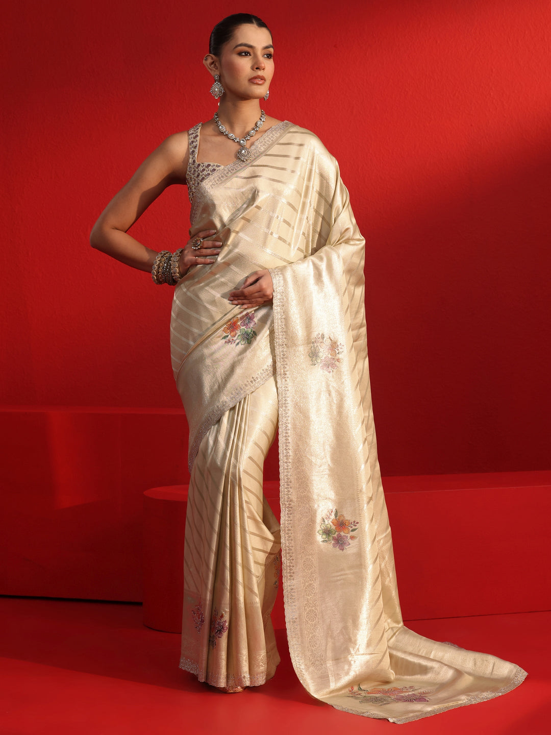 Libas Taupe Striped Woven Design Silk Blend Saree with Stone Work