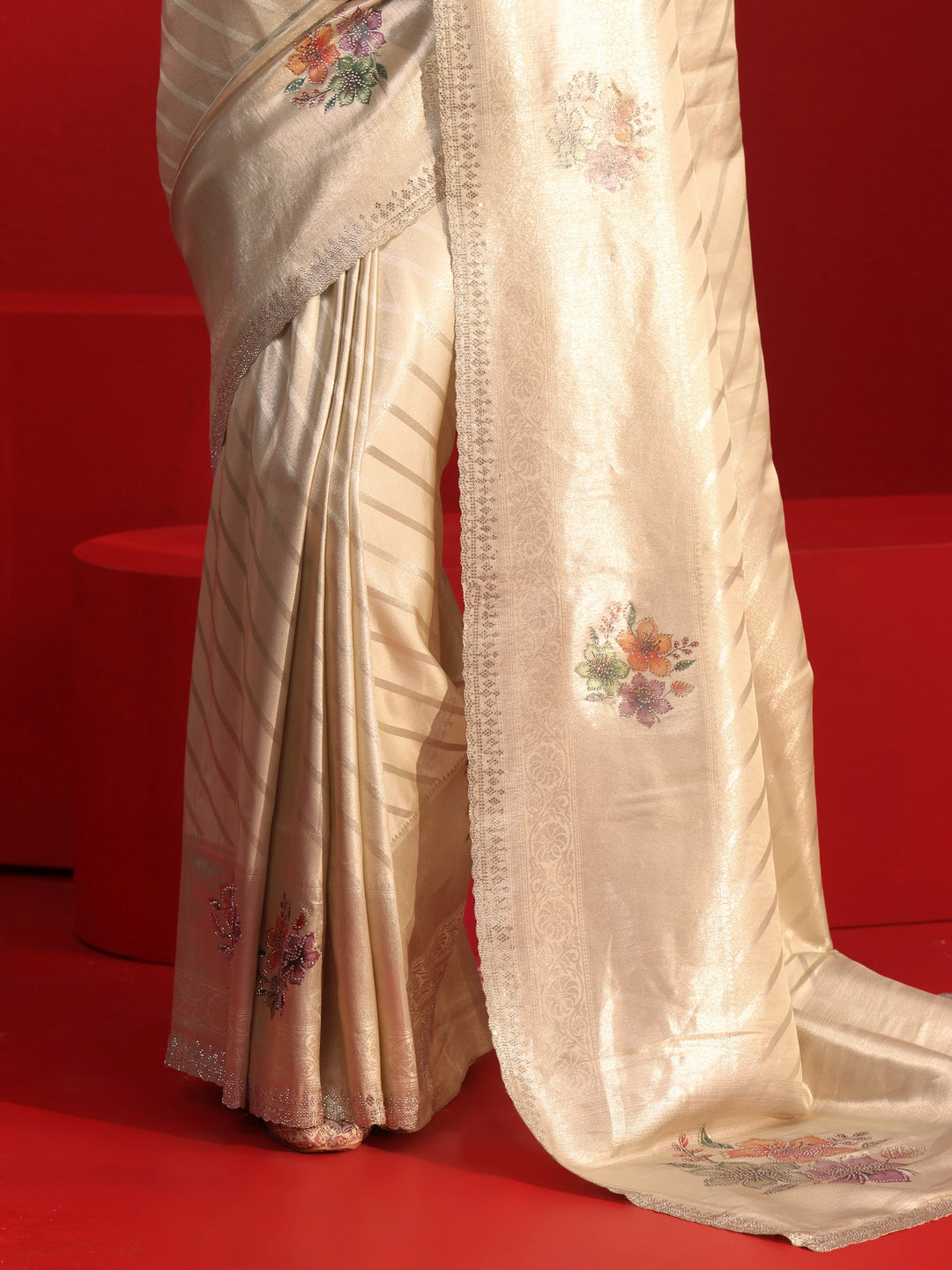 Libas Taupe Striped Woven Design Silk Blend Saree with Stone Work