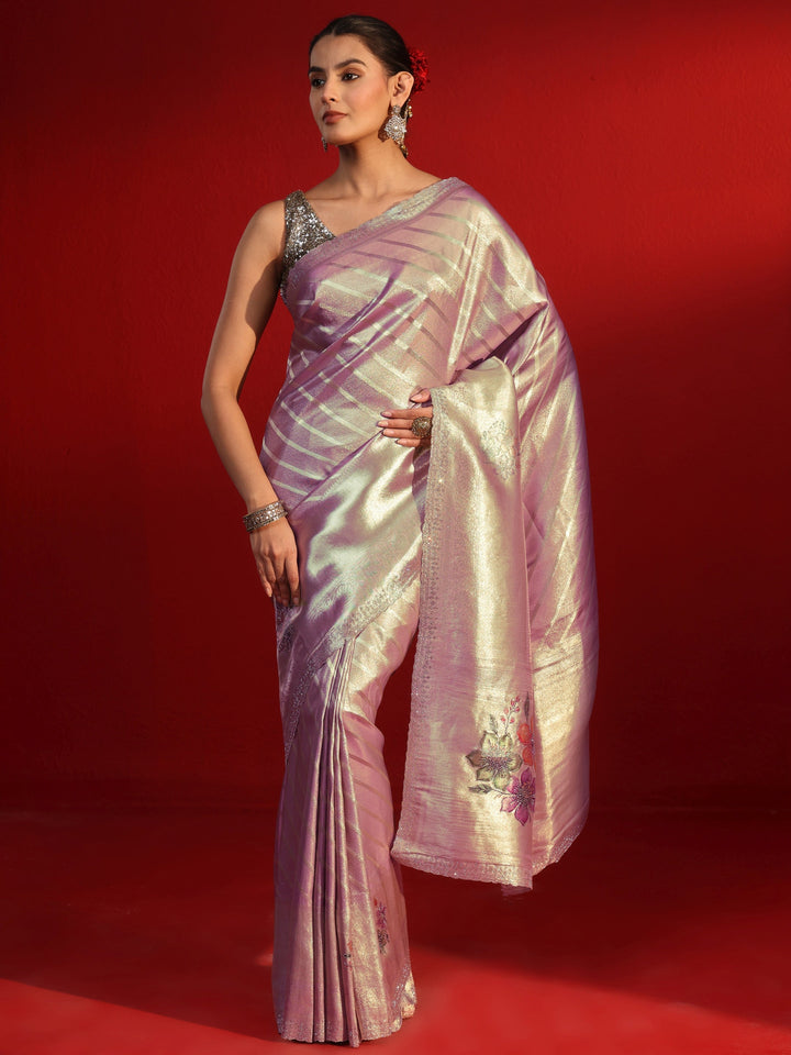Libas Lavender Striped Woven Design Silk Blend Saree with Stone Work