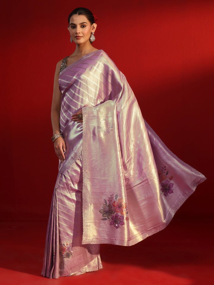 Libas Lavender Striped Woven Design Silk Blend Saree with Stone Work