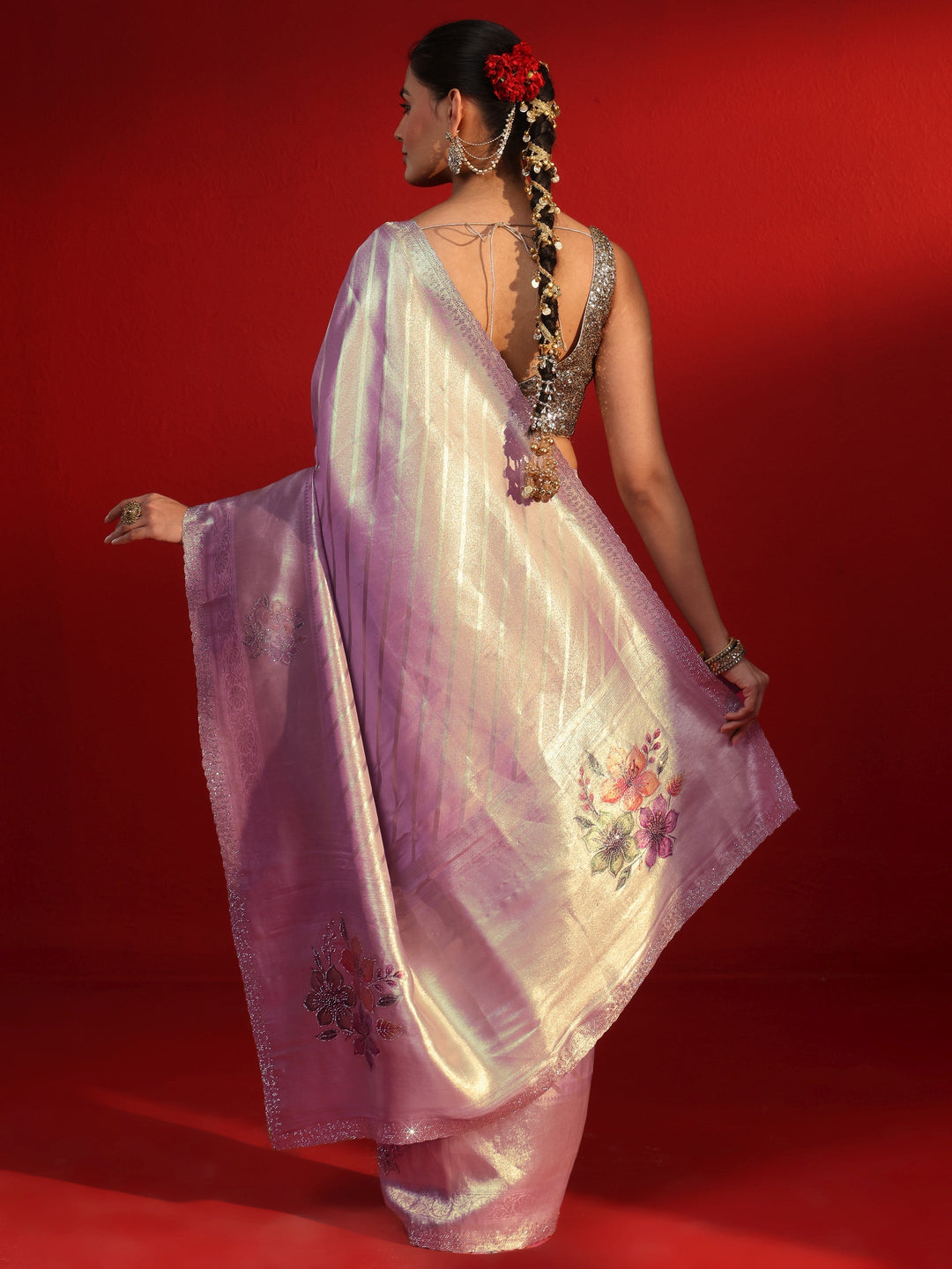Libas Lavender Striped Woven Design Silk Blend Saree with Stone Work