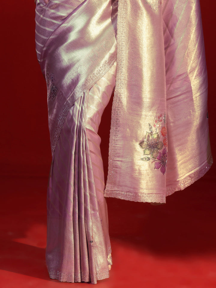 Libas Lavender Striped Woven Design Silk Blend Saree with Stone Work