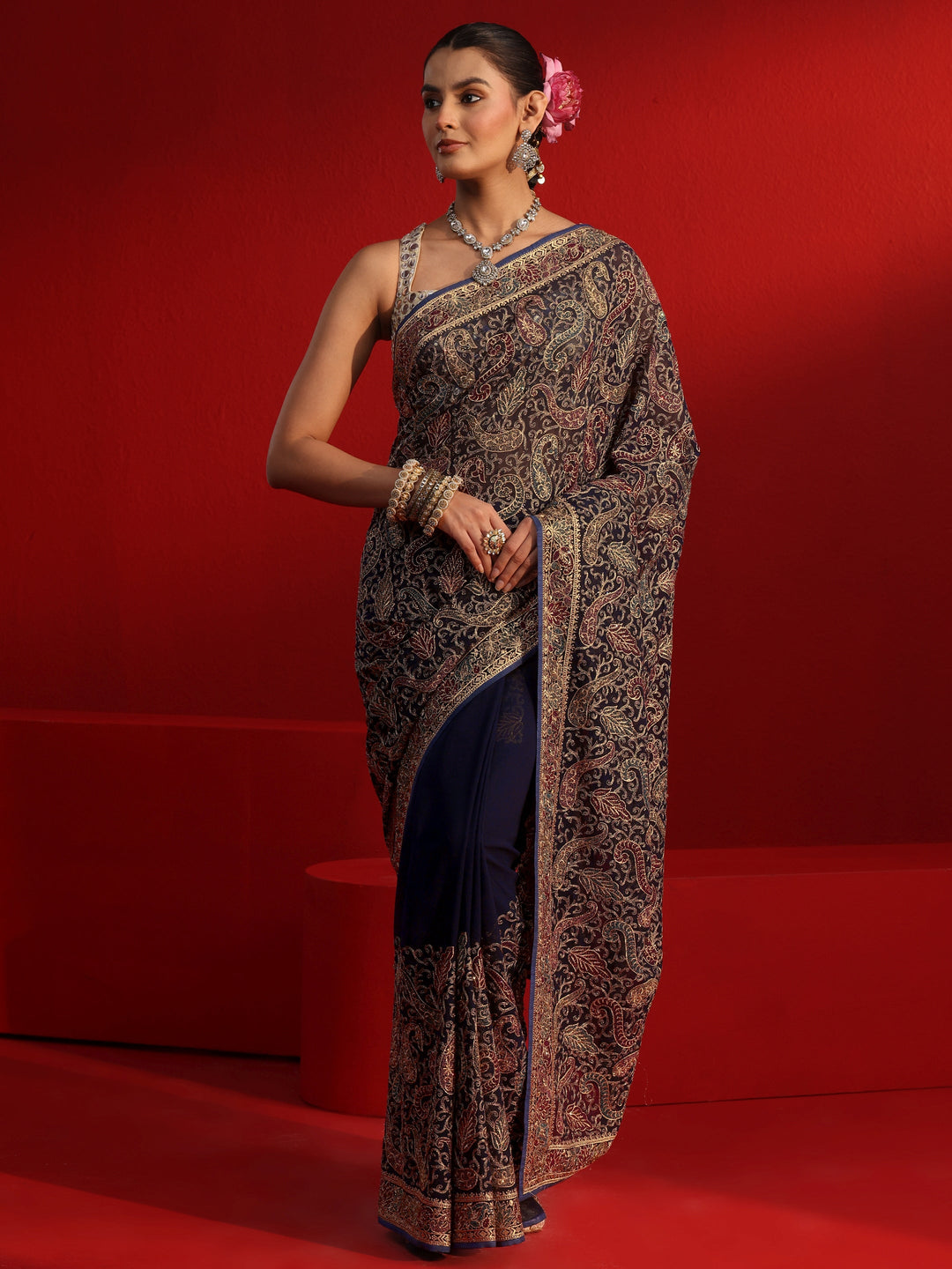 Libas Art Navy Blue Embroidered Stone Work Georgette Saree