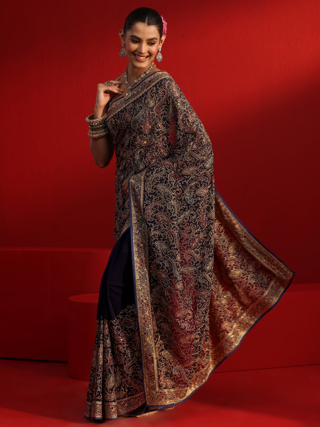 Libas Art Navy Blue Embroidered Stone Work Georgette Saree