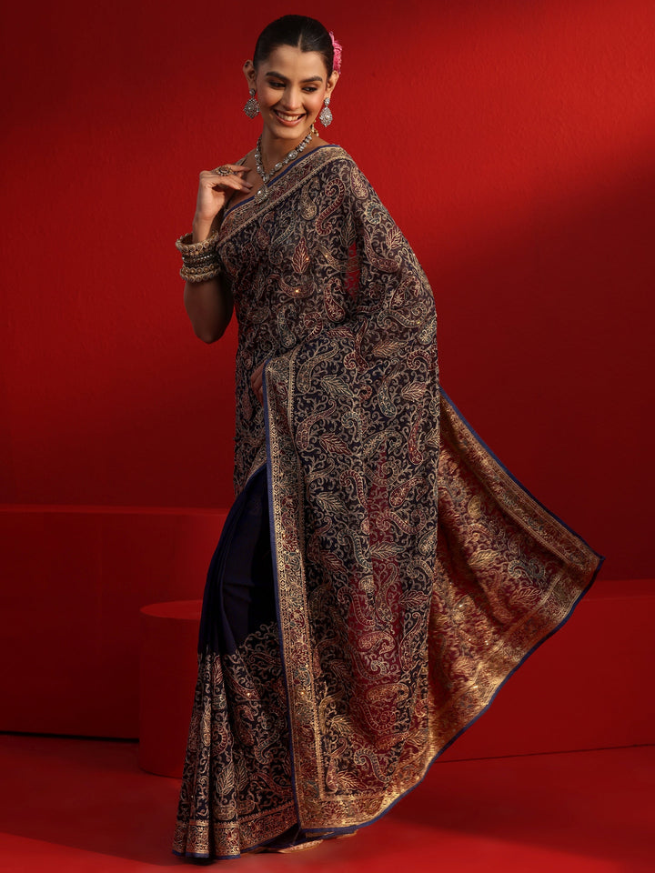 Libas Art Navy Blue Embroidered Stone Work Georgette Saree