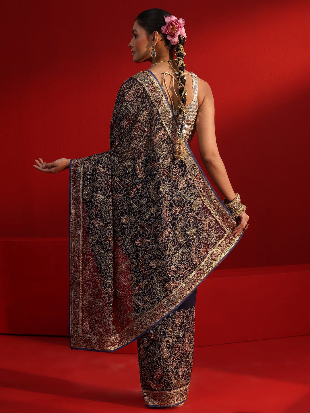 Libas Art Navy Blue Embroidered Stone Work Georgette Saree