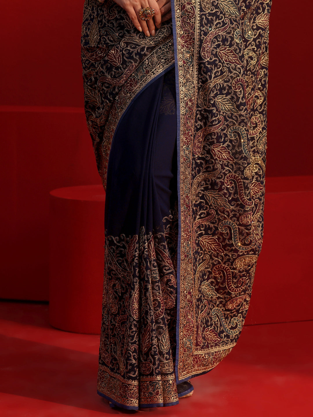 Libas Art Navy Blue Embroidered Stone Work Georgette Saree