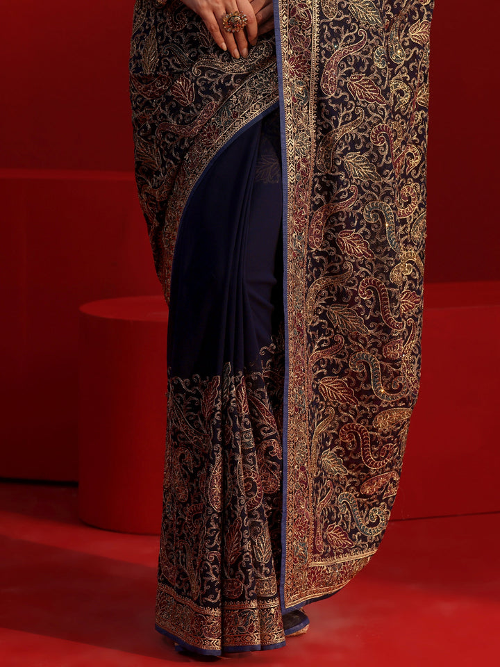 Libas Art Navy Blue Embroidered Stone Work Georgette Saree
