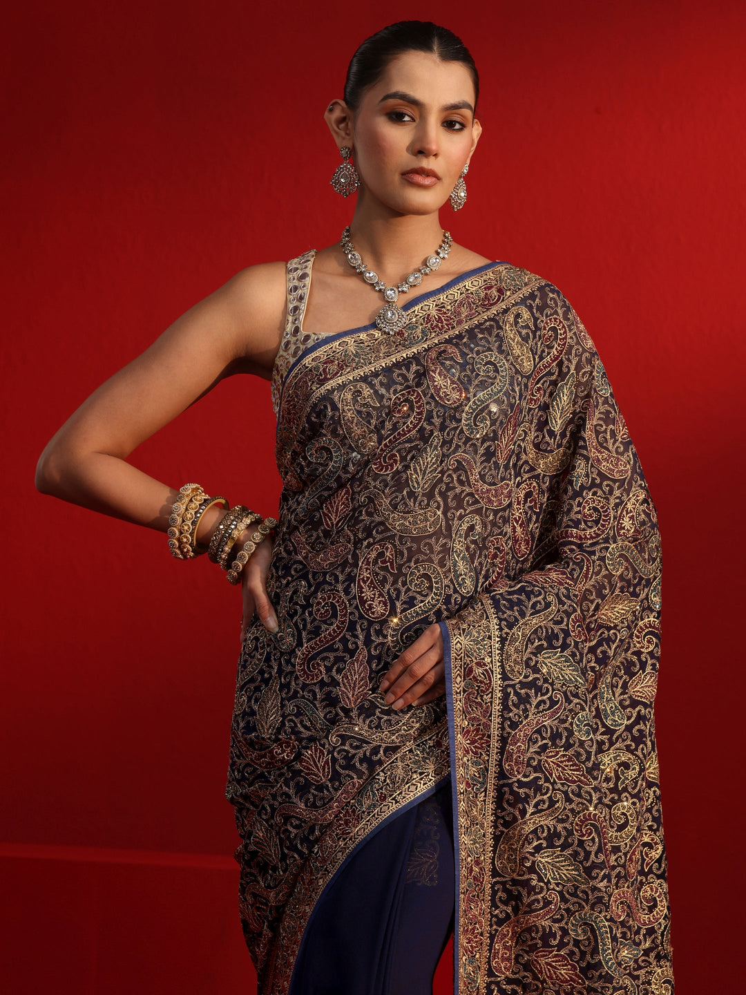 Libas Art Navy Blue Embroidered Stone Work Georgette Saree