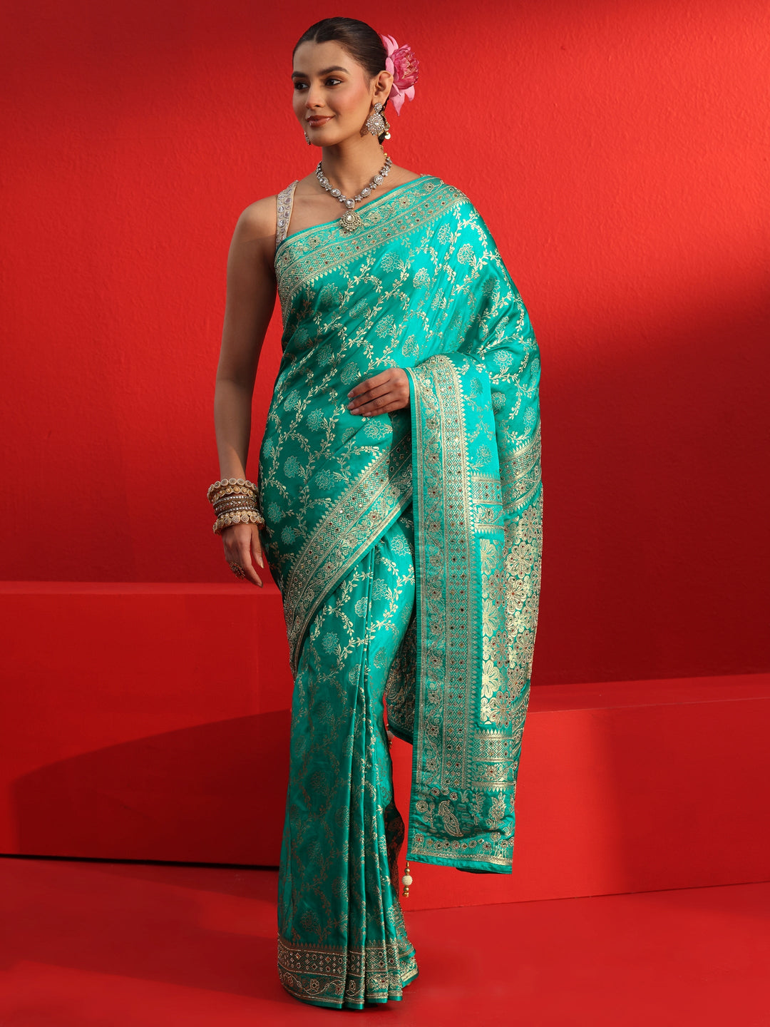 Libas Art Sea Green Woven Design Silk Blend Saree with Embellished Border
