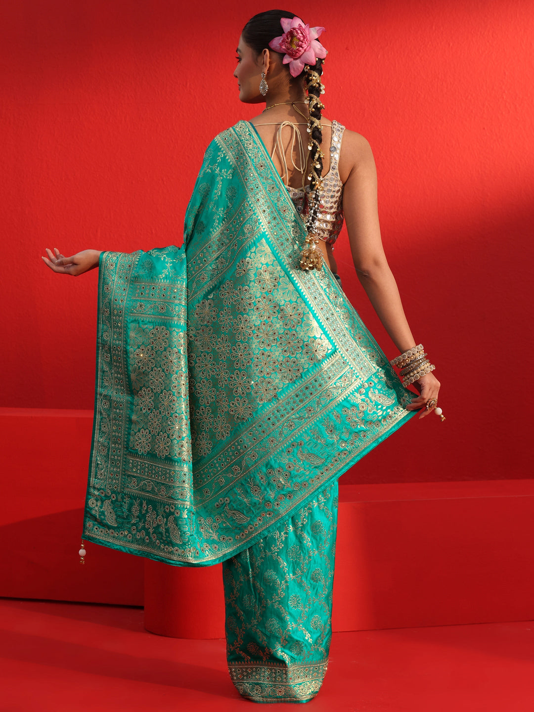 Libas Art Sea Green Woven Design Silk Blend Saree with Embellished Border