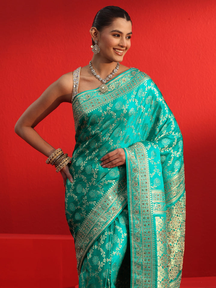 Libas Art Sea Green Woven Design Silk Blend Saree with Embellished Border