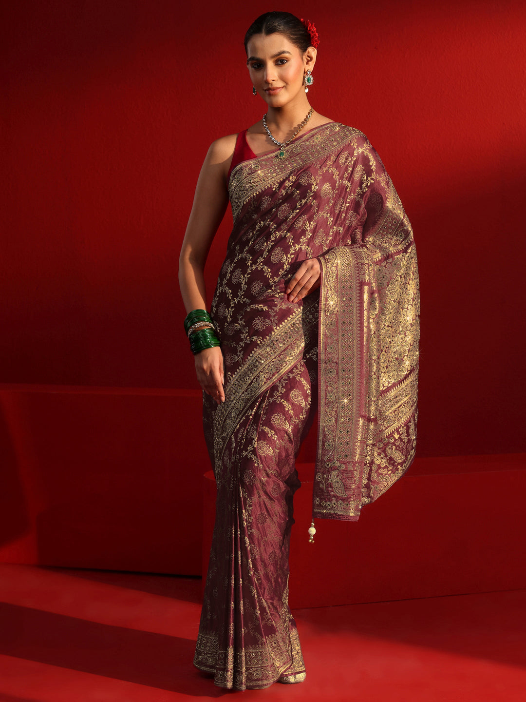 Libas Art Maroon Woven Design Silk Blend Saree with Embellished Border