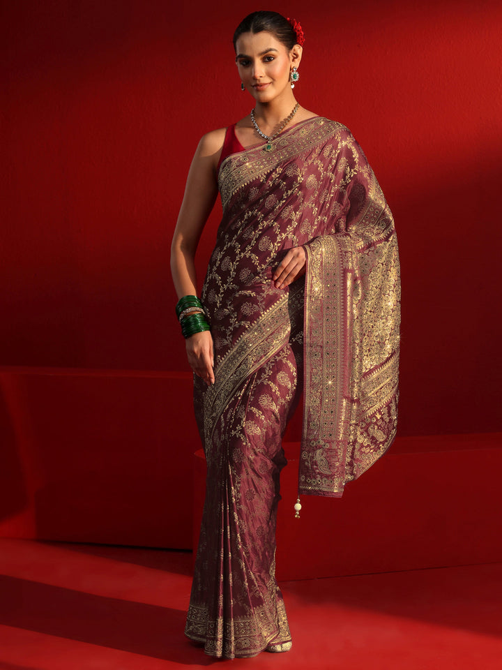 Libas Art Maroon Woven Design Silk Blend Saree with Embellished Border