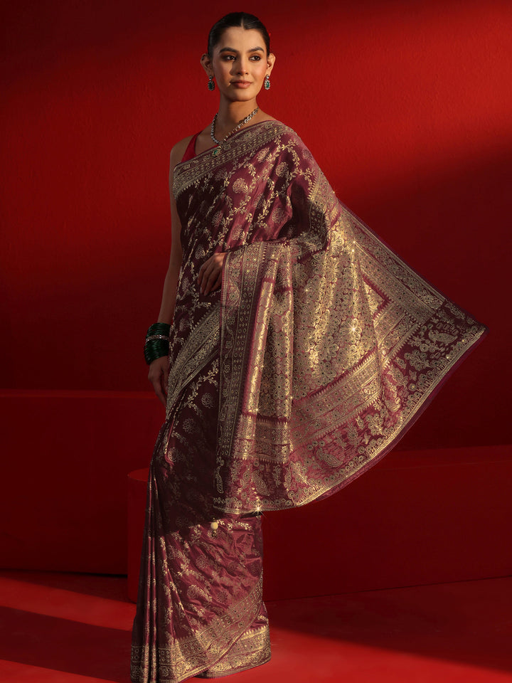 Libas Art Maroon Woven Design Silk Blend Saree with Embellished Border