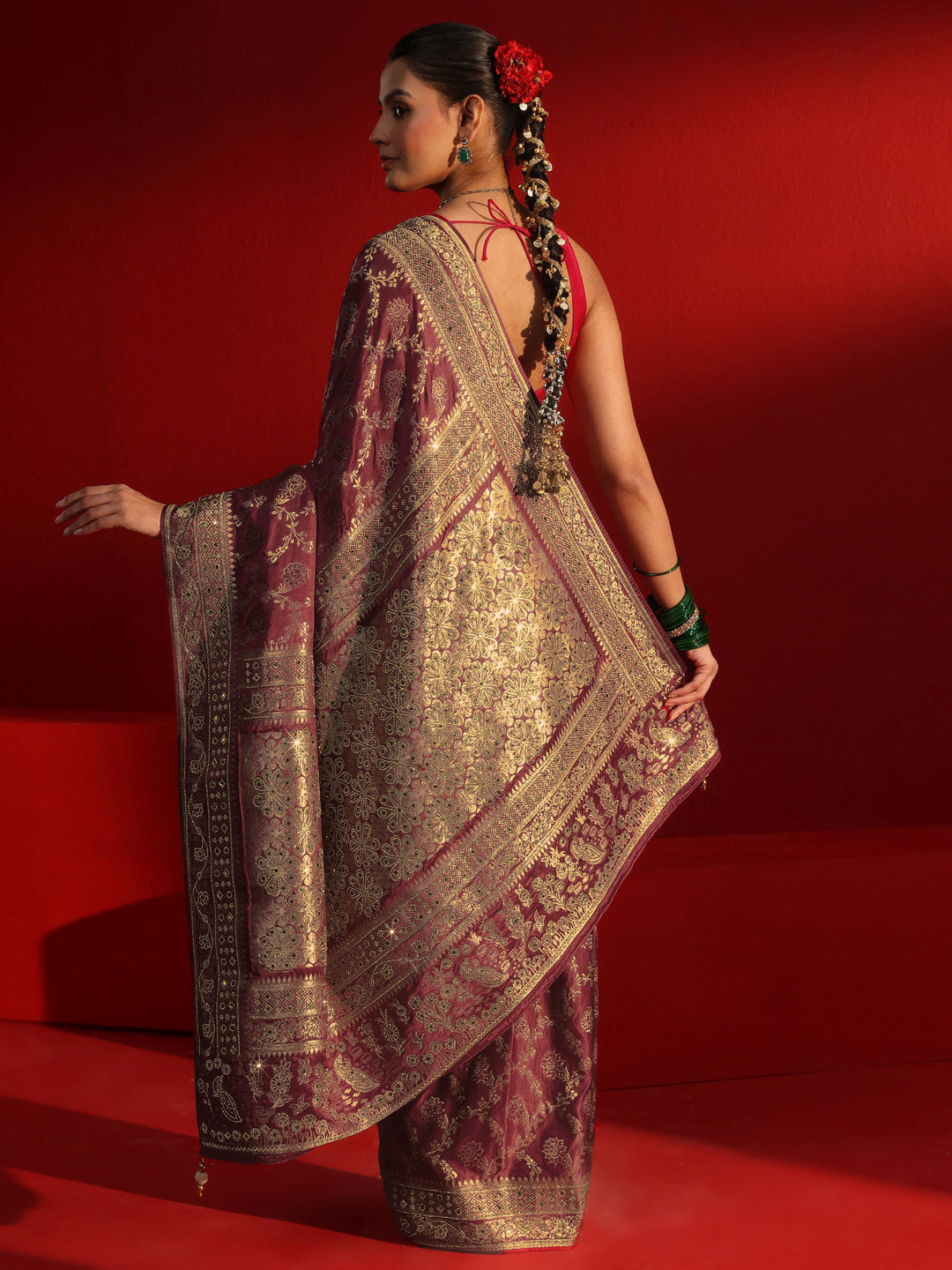 Libas Art Maroon Woven Design Silk Blend Saree with Embellished Border