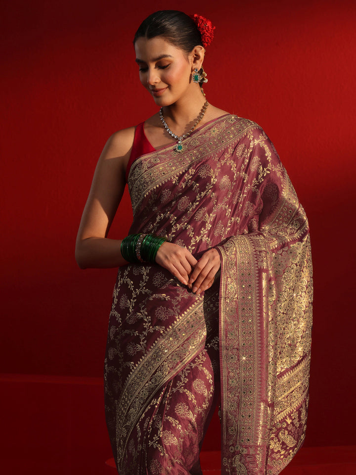 Libas Art Maroon Woven Design Silk Blend Saree with Embellished Border