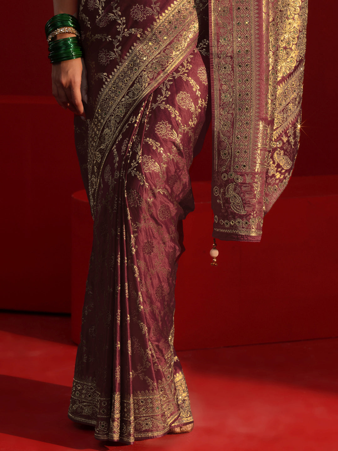 Libas Art Maroon Woven Design Silk Blend Saree with Embellished Border