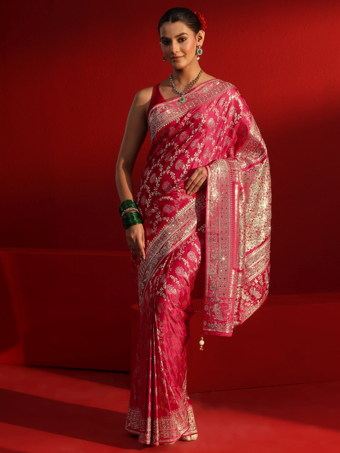 Libas Art Pink Woven Design Silk Blend Saree with Embellished Border