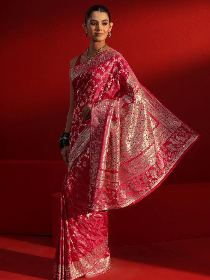 Libas Art Pink Woven Design Silk Blend Saree with Embellished Border