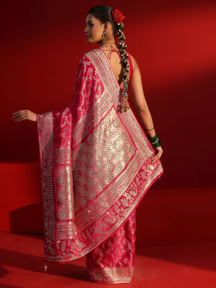 Libas Art Pink Woven Design Silk Blend Saree with Embellished Border