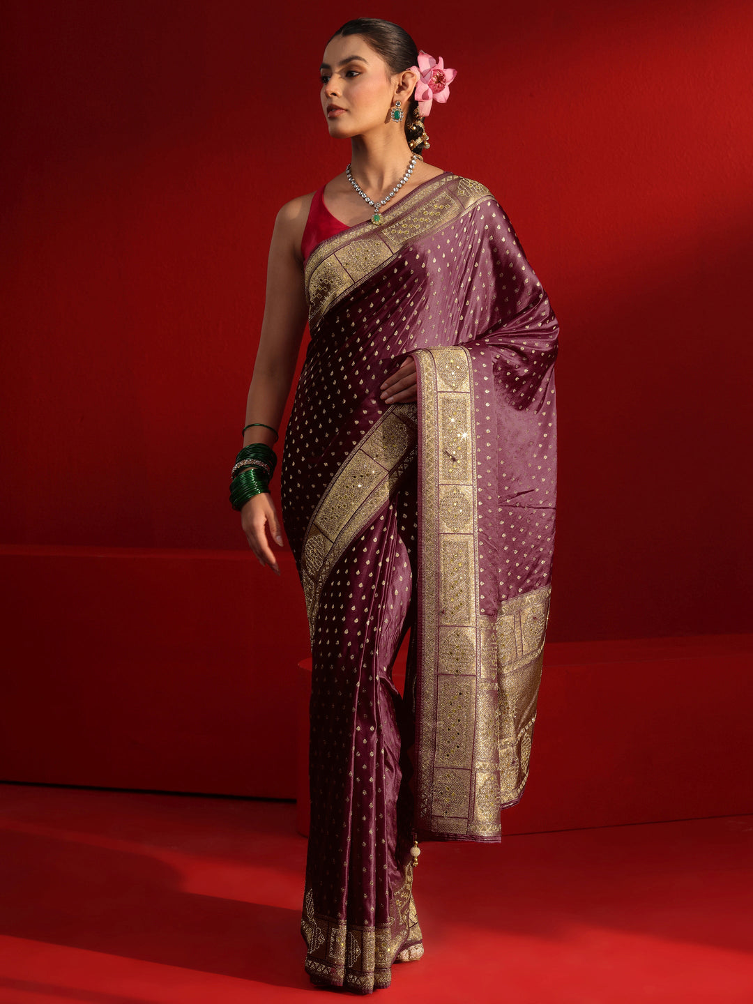 Libas Art Maroon Woven Design Satin Saree with Embellished Border