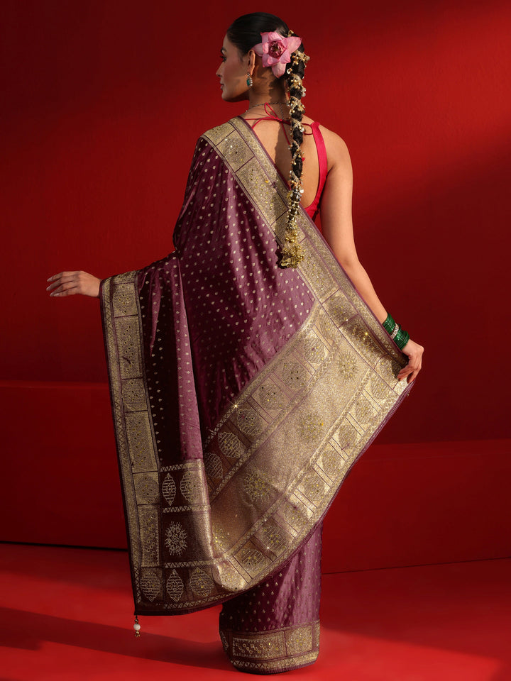 Libas Art Maroon Woven Design Satin Saree with Embellished Border