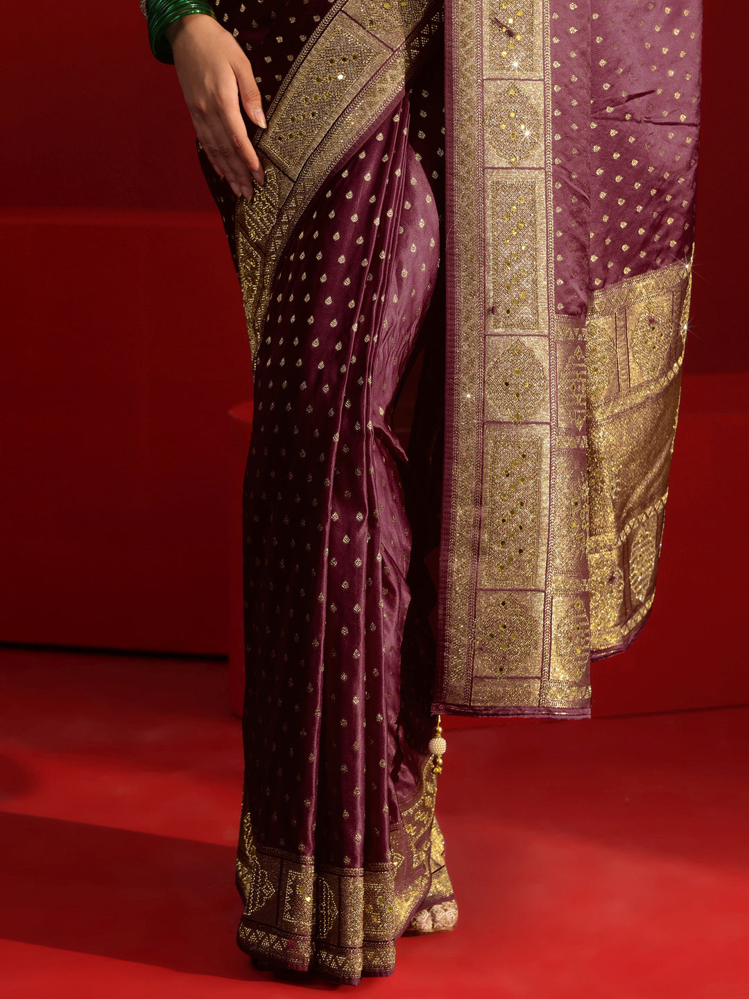 Libas Art Maroon Woven Design Satin Saree with Embellished Border