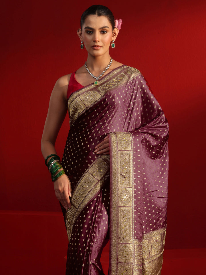 Libas Art Maroon Woven Design Satin Saree with Embellished Border