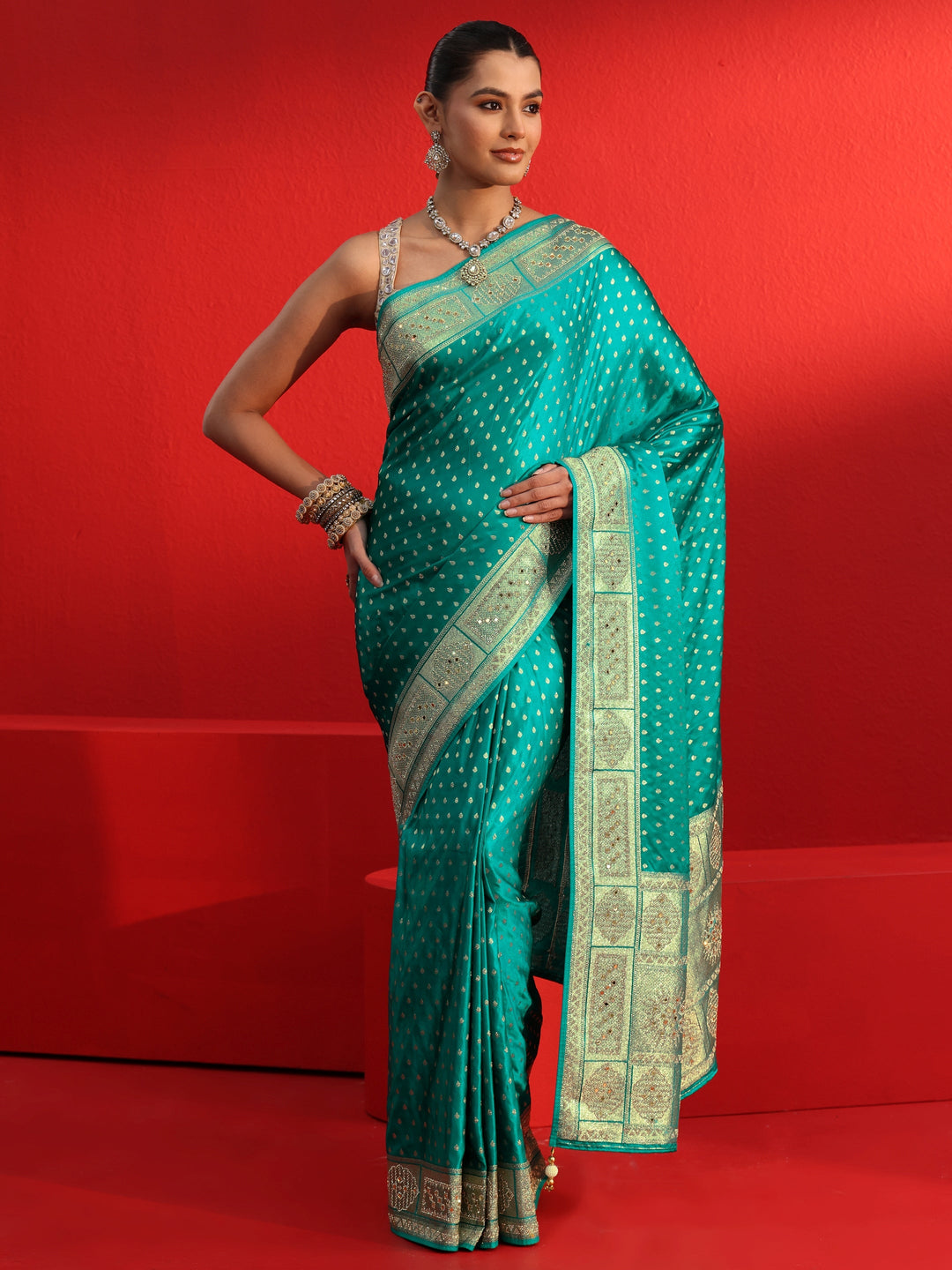 Libas Art Blue Woven Design Satin Saree with Embellished Border