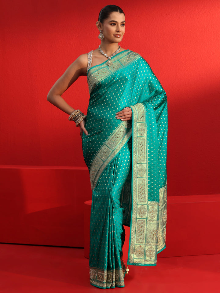Libas Art Blue Woven Design Satin Saree with Embellished Border