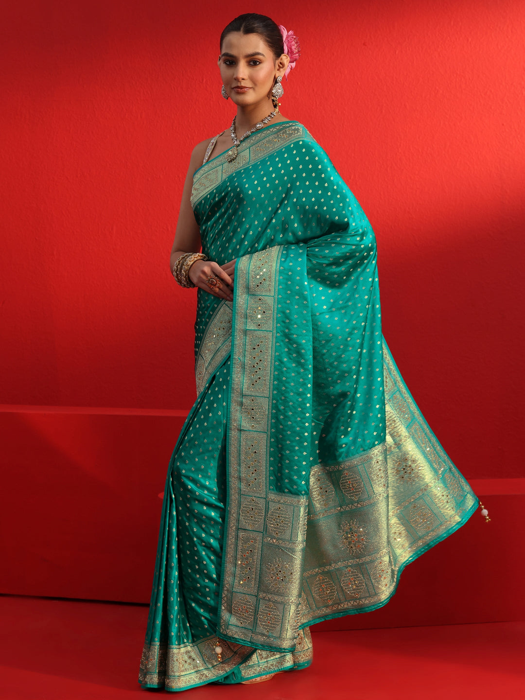 Libas Art Blue Woven Design Satin Saree with Embellished Border