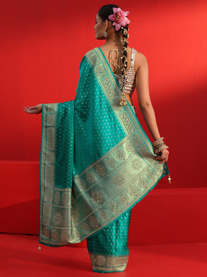 Libas Art Blue Woven Design Satin Saree with Embellished Border