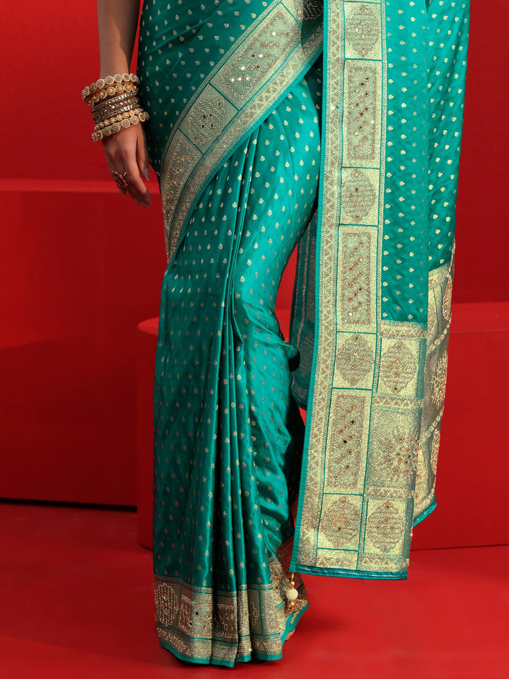 Libas Art Blue Woven Design Satin Saree with Embellished Border