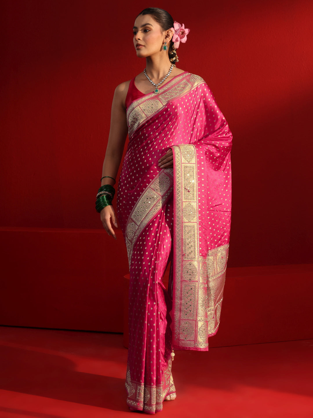Libas Art Pink Woven Design Satin Saree with Embellished Border