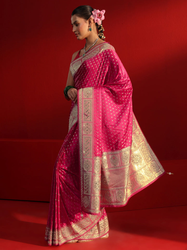 Libas Art Pink Woven Design Satin Saree with Embellished Border