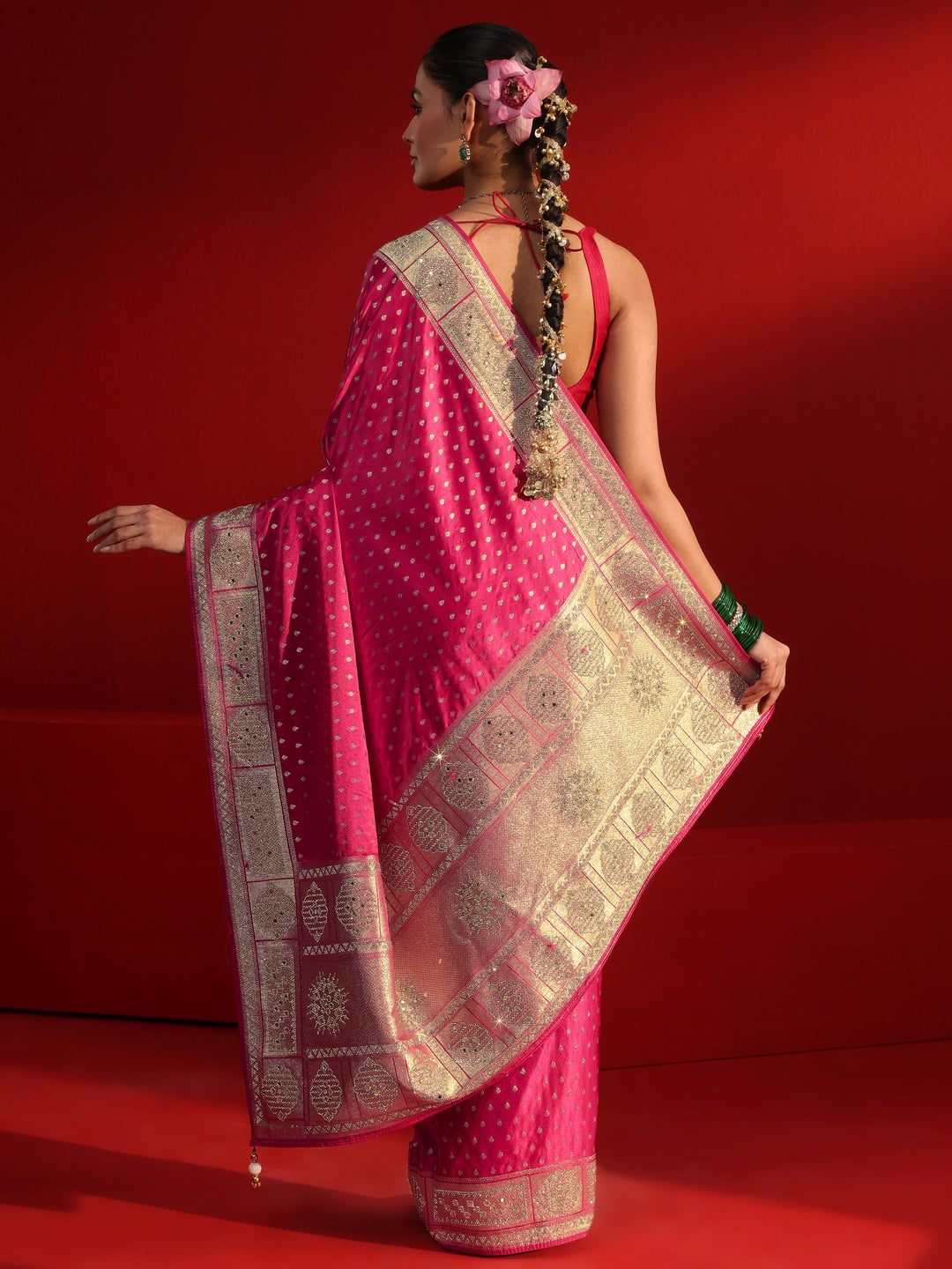 Libas Art Pink Woven Design Satin Saree with Embellished Border
