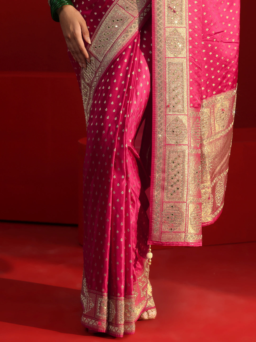 Libas Art Pink Woven Design Satin Saree with Embellished Border