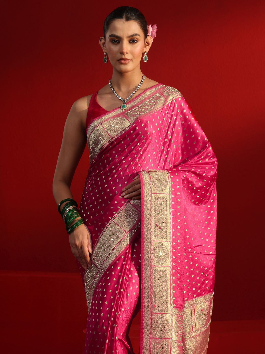 Libas Art Pink Woven Design Satin Saree with Embellished Border