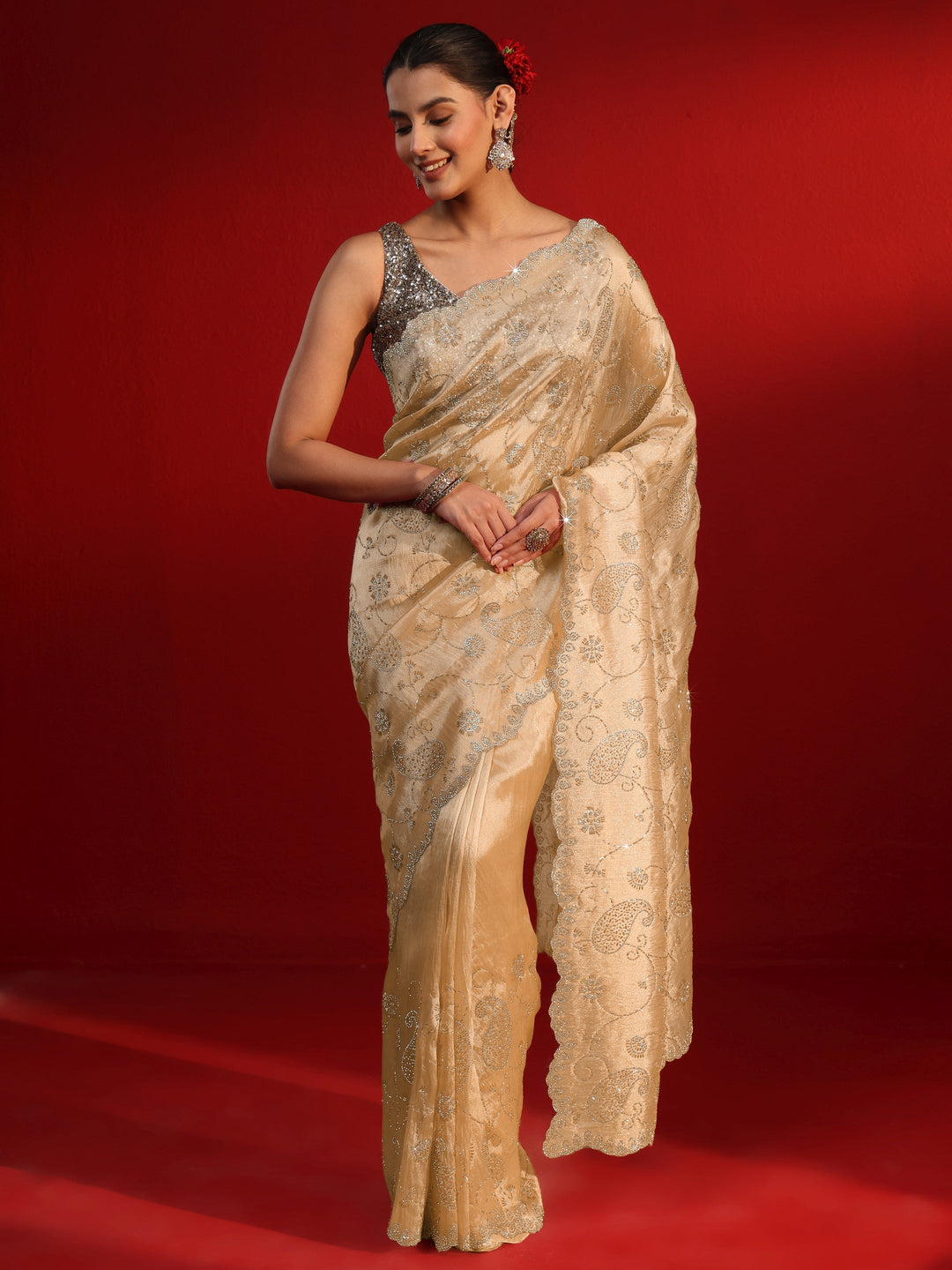 Libas Art Beige Stone Work Embellished Tissue Saree