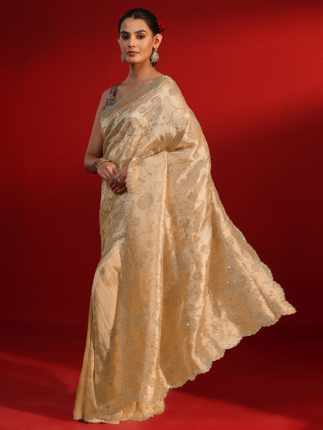 Libas Art Beige Stone Work Embellished Tissue Saree
